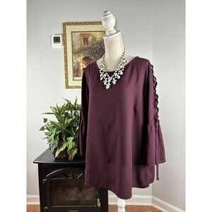 True And Time Women Blouse XL Bell Long Sleeve Pullover Brown Preppy Collarless